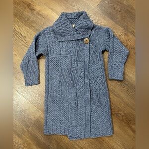 Carriag Donn Elegant Blue Women's Irish Merino Wool Cable Knit Long Cardigan